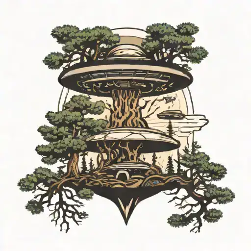 Ufo Beaming Up A Pine Tree With Roots