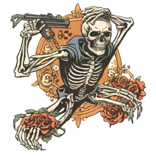 Skeleton With Arms Out Looking Over A Scene Below