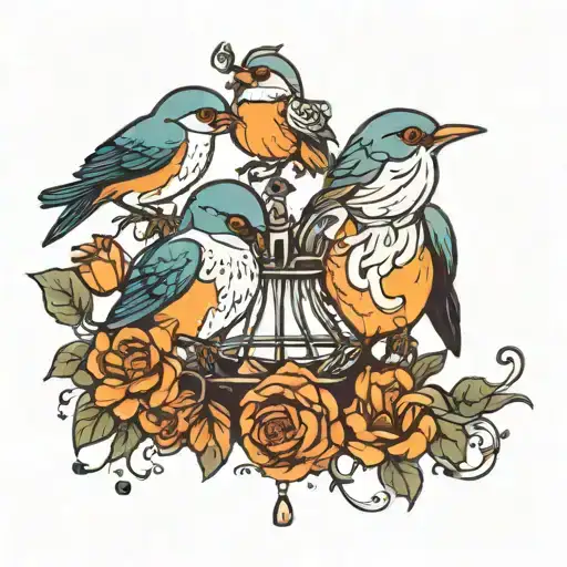 Birds Perched With Baby Flying Away