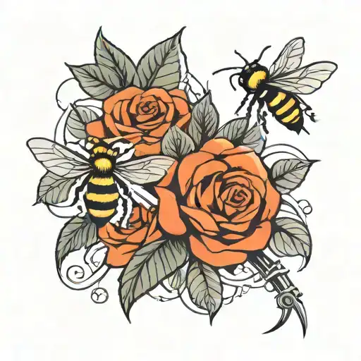 Roses And Bee And Wrench Intertwined