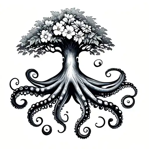 Octopus Body With A Tree As The Head And Flowers On The Oak Tree Black And White