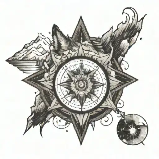 Wolf Within A Compass With Mountains In The Background And A Starry Night