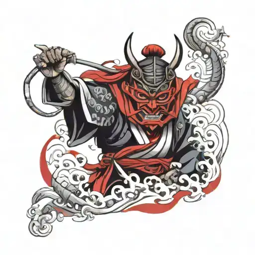 Samurai With Devil Red Mask Holding