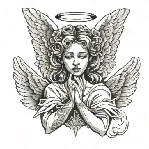 Angel With Open Wings And Both Hands On The Face