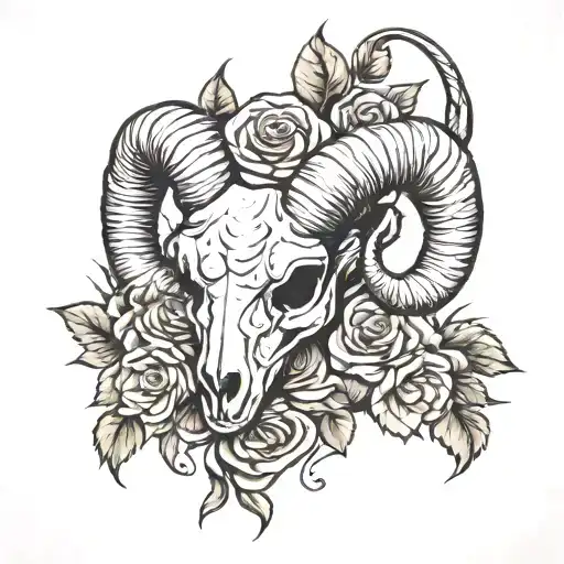 Ram Skull With Roses Wrapped Around Horns