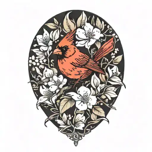 Cardinal Perched On Magnolia And Dogwood Flowers