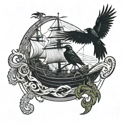 Raven Sitting On Kraken Crushing Ship Sailing