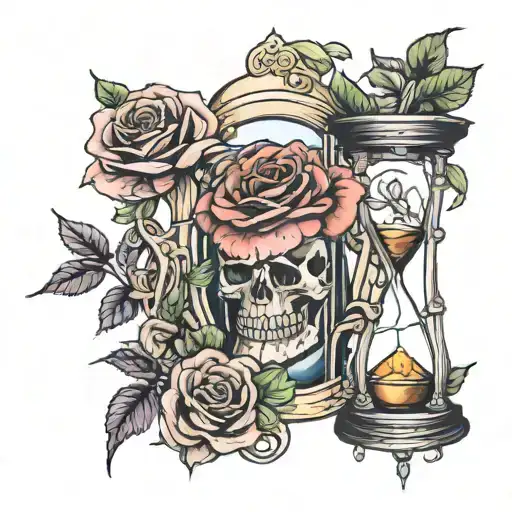 Roses W Hour Glass And Skeleton