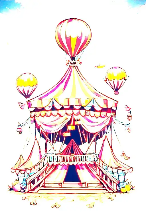 The Main Focus Should Be A Circus Tent And There Should Be A Hot Air Balloon In The Background