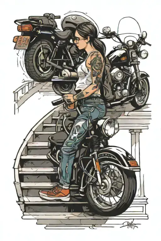 Girl Walking Down The Stairs And Harley Davidson Motorcycle Father Watching Her