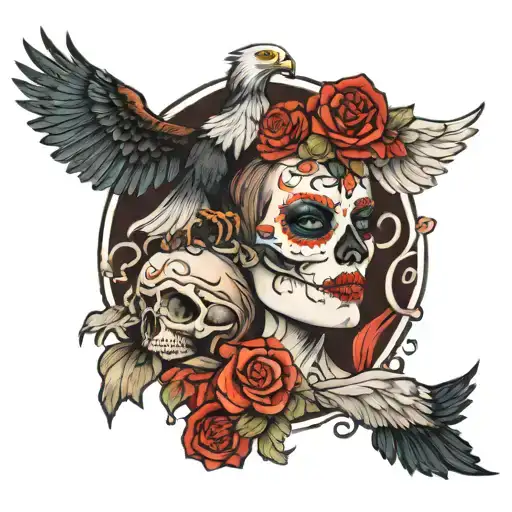 Half A Woman Half A Skull With An Eagle Underneath