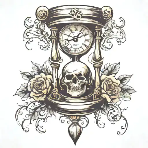 Hourglass With Clock On Top And Skull On Bottom