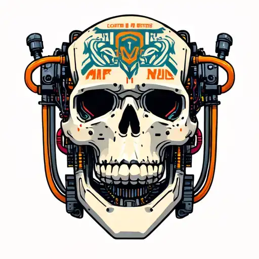 A Robotic Skull With Tubes And Wires With Nwo On Its Forehead