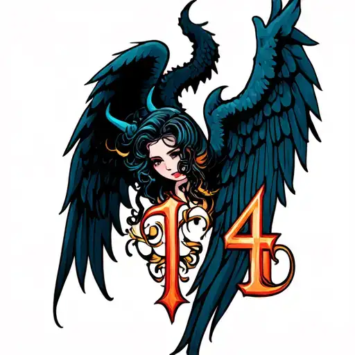 Number 14 With Angel And Demon Wings