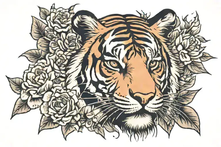 Tiger Head And Flowers And Names Written