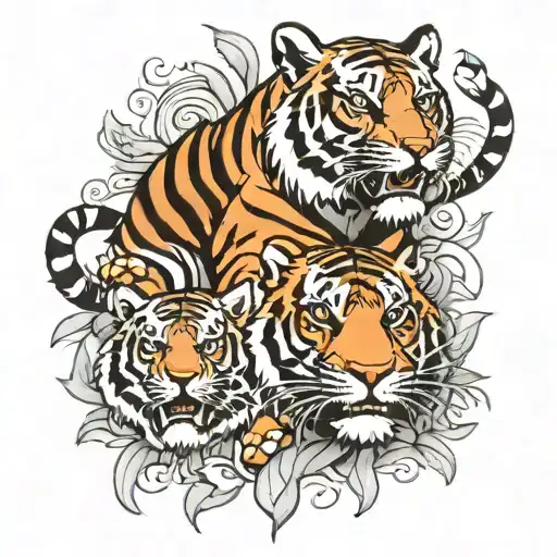 Mother Tiger Protecting 2 Playing Cubs