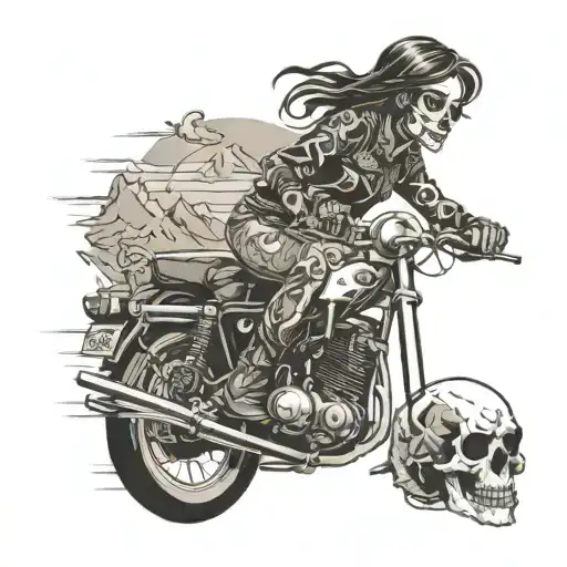 Girl On A Motor Bike With Mountains And Skull As Sun