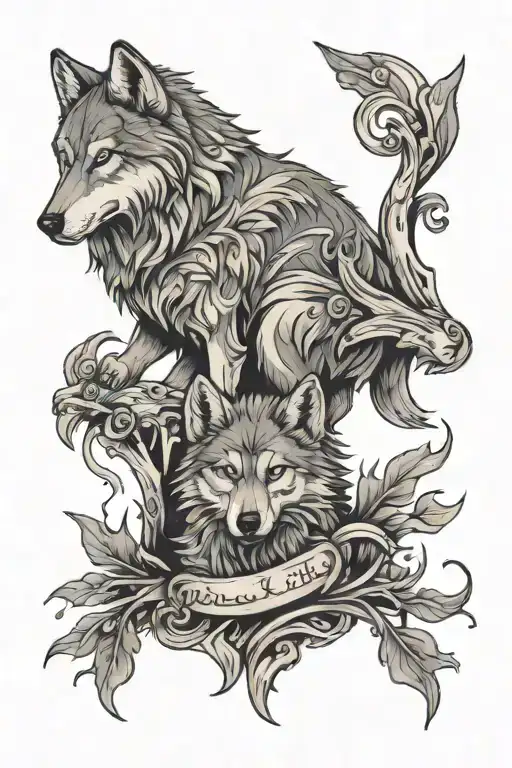 Protective Father Wolf With Cub