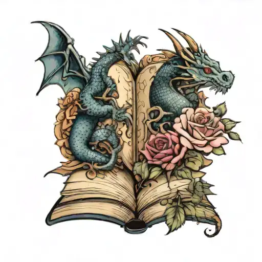 Two Dragons Coming Out Of Book Surrounded By Roses And Mountain Backdrop