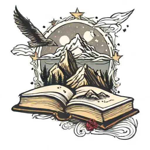 Three Mountain Peaks Sat On Top Of An Open Book With Three Stars Above The Mountains