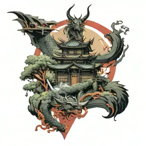 A Samurai Dragon With A Samurai House In The Middle Of A Sword Forest