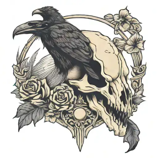 Buffalo Skull With A Crow Perched Regally