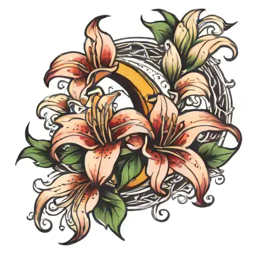 Crescent Moon With A Lily Flowers