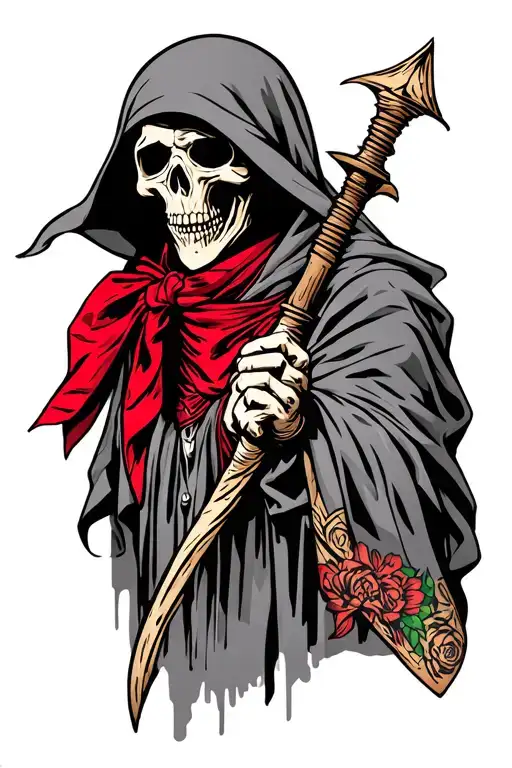 Grim Reaper With A Red Bandana Mask Holding