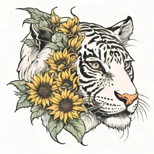 Sunflower And Crescent Moon With White Tiger Eyes