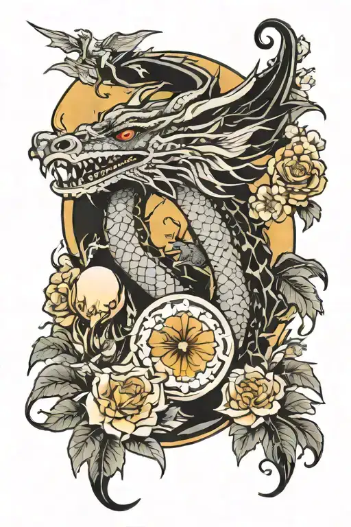 Dragon And Moon With Flowers