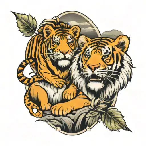 Lion And Tiger On Chest With Landscape