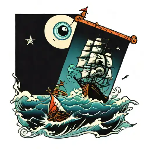 Cartoon Ship Sailing Across A Sea While A Giant Eyeball Monster Looks On The Horizon