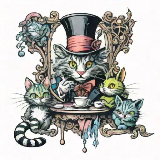 Mad Hatter Cheshire Cat White Rabbit And Alice Looking Into A Mirror And Seeing Their Reflection