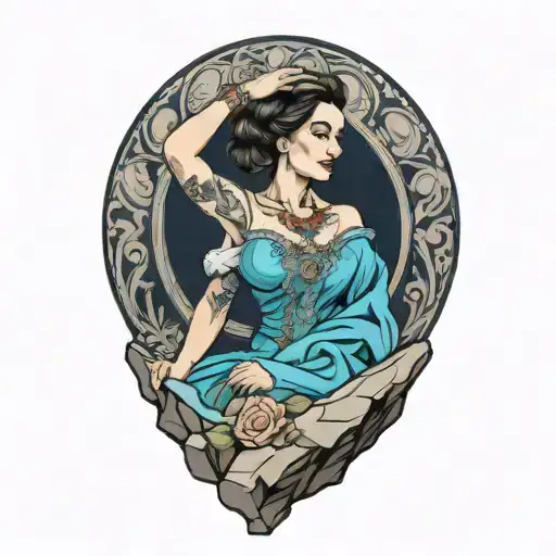 Woman In Blue Dress As Focal Point On Top Of A Giant Gray Rock