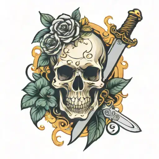 Skull With Flowers And Knife Through It On The Top