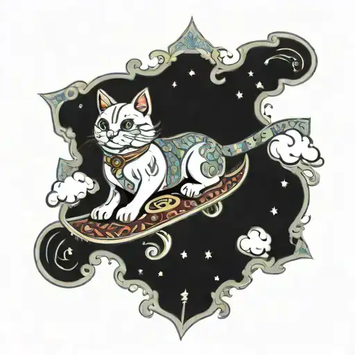 Moneycat Riding A Magic Carpet Made Out Of Money Flying Through The Clouds