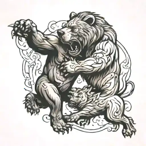 Bear And Lion Fighting Each Other