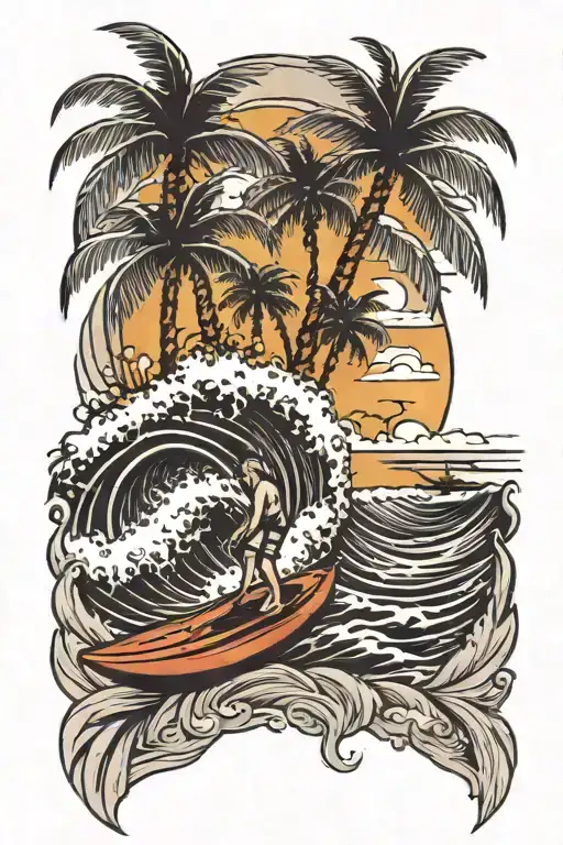 Half Sleeve Beach View Tattoo With Palm Trees And Surfing With Waves Realistic Black And White