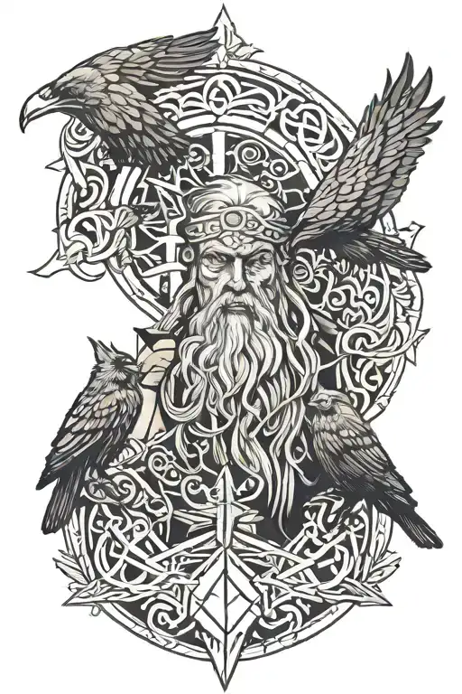 Odin And The Ravens Of Odin With Runes