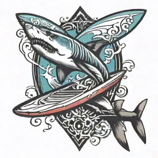 Surfboard With Shark Around The Board Design