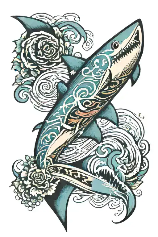 Surfboard With Shark Around The Board Design