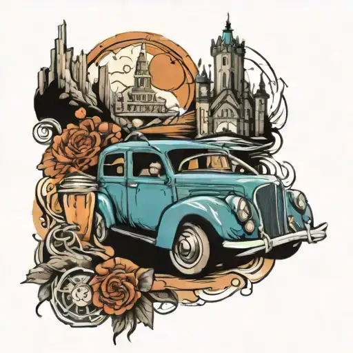 Car In Travel Tattoo Design Featuring Elements