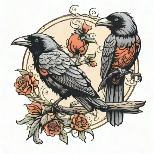 Raven And Cardinal Perched