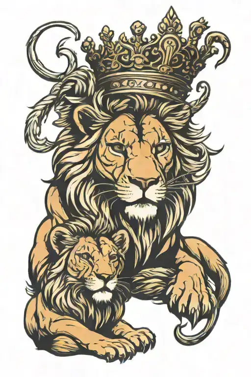 Lions Face With Cub Sitting On His Head Wearing An Oversized Crown