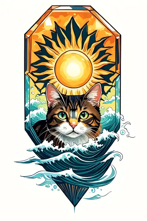 A Sun And Some Waves Inside A Gem With A Cat Protecting It