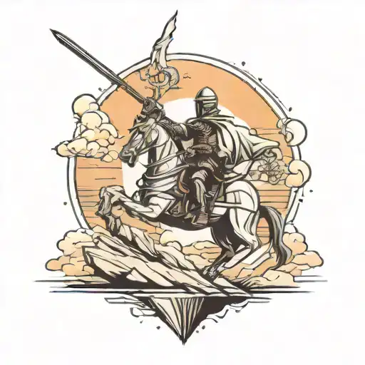 Knight On Top Of The Mountain And Sunrise