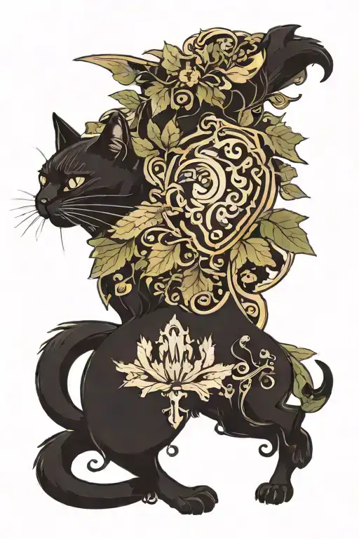 Two Black Cats As Knights With Foliage Like One Side