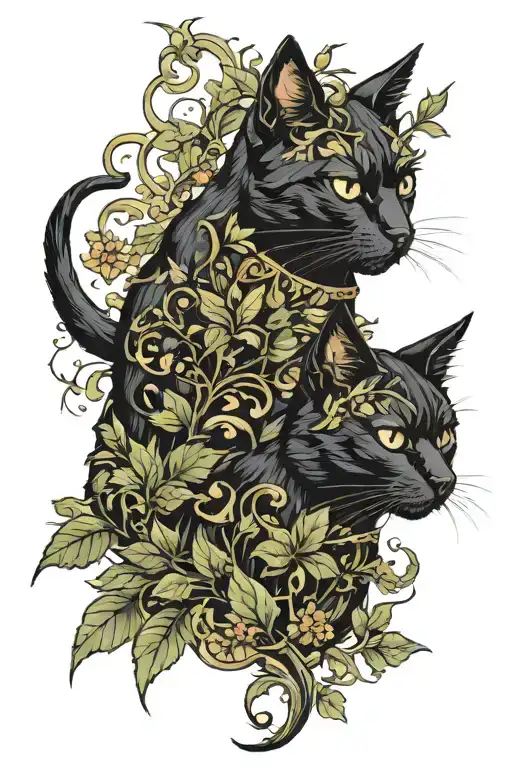Two Black Cats As Knights With Foliage