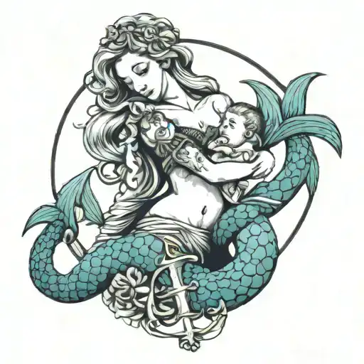 Mermaid Holding Her Baby In The Shape Of An Anchor