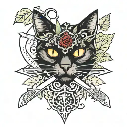 Black Cat As Knights With Swords And With Foliage